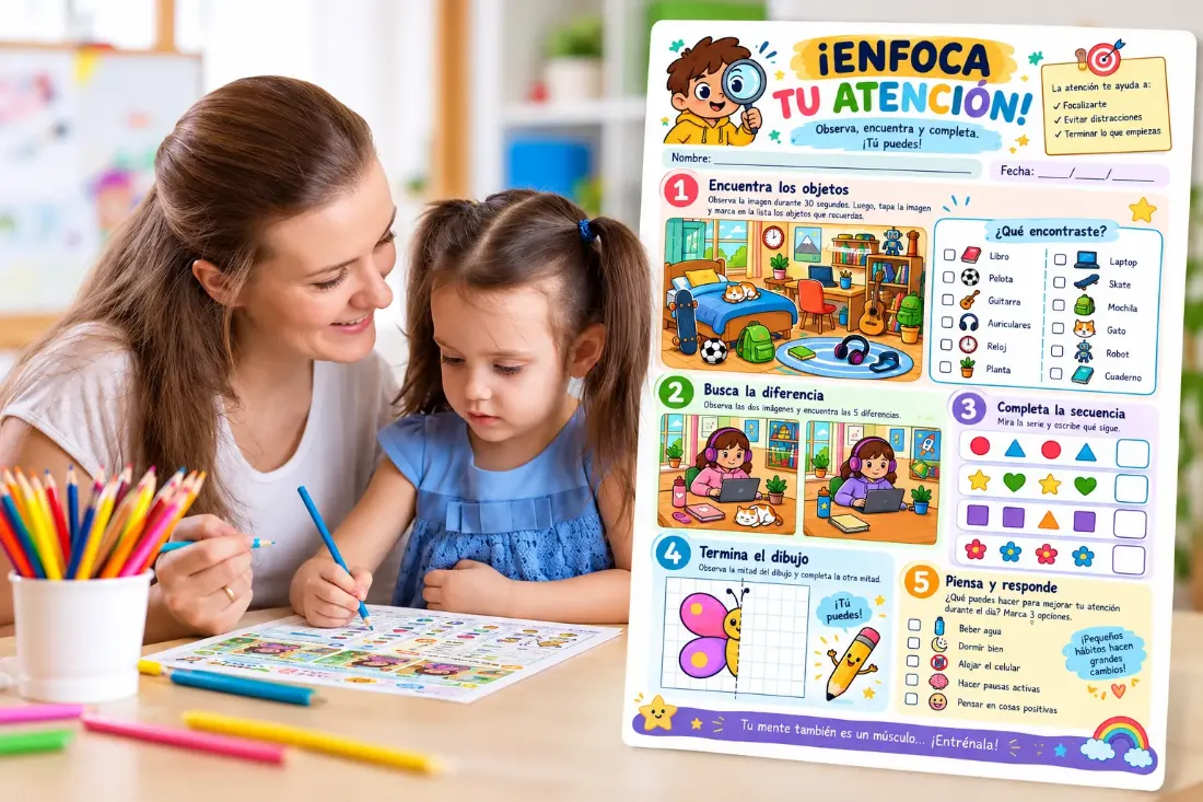 Mãe e filha fazendo juntas a atividade Foque sua atenção