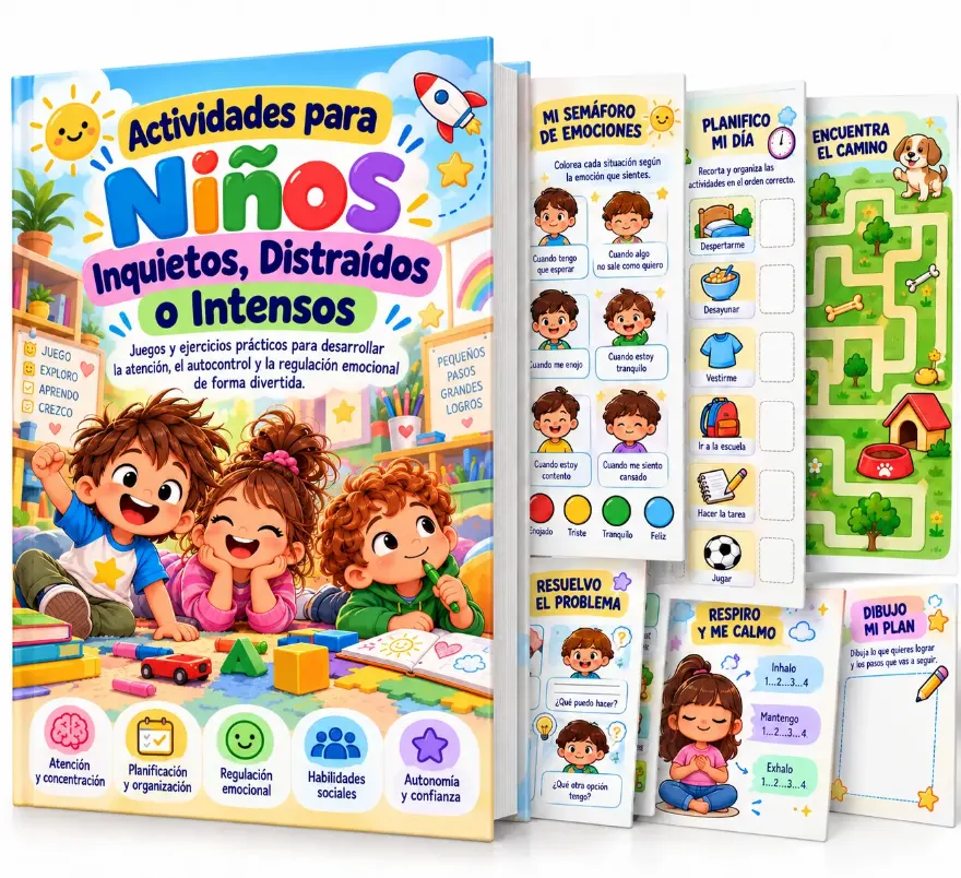 Mockup do material principal com a capa e algumas páginas de atividades