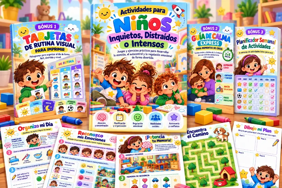 Mockup do kit completo: material principal, os 3 bônus e páginas de atividades